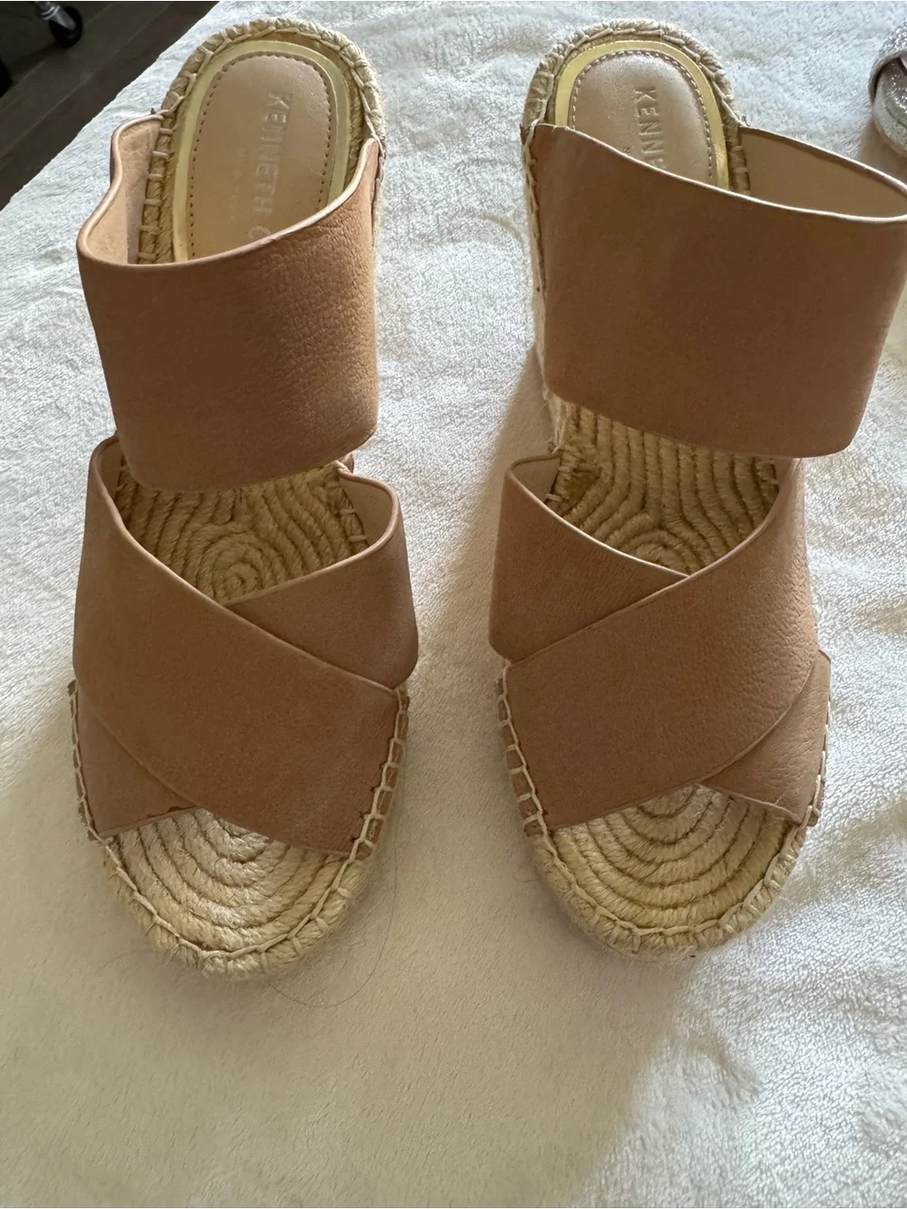 Kenneth Cole Tan Double-Band Espadrille Slide Wedges